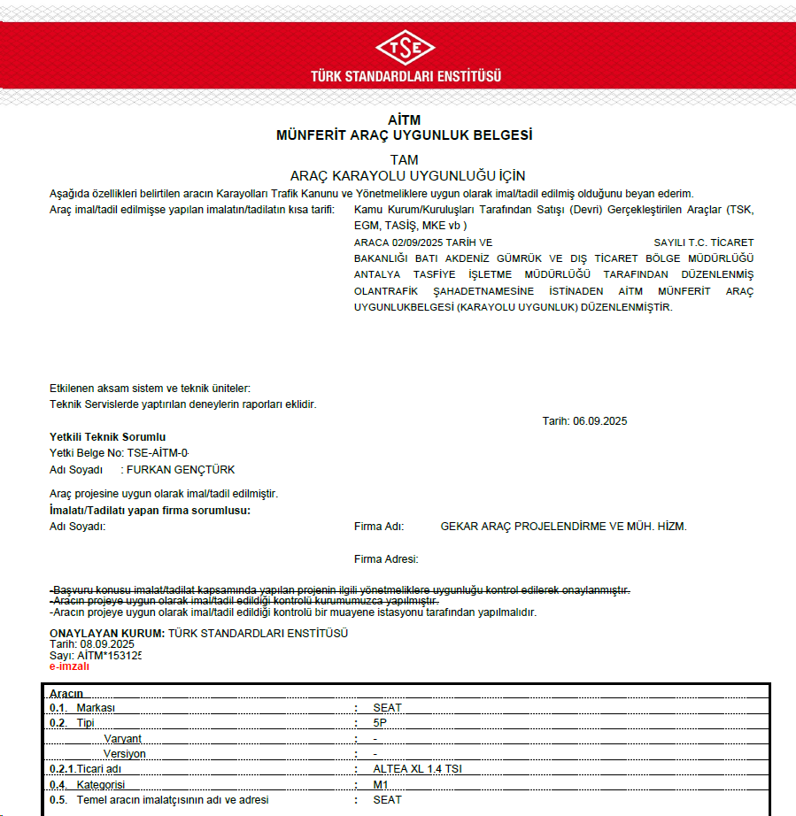 Karayolu Uygunluk belgesi